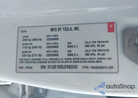 2018 Tesla Model 3 Long Range/Performance from USA, damaged, VIN 5YJ3E1EB3JF082243